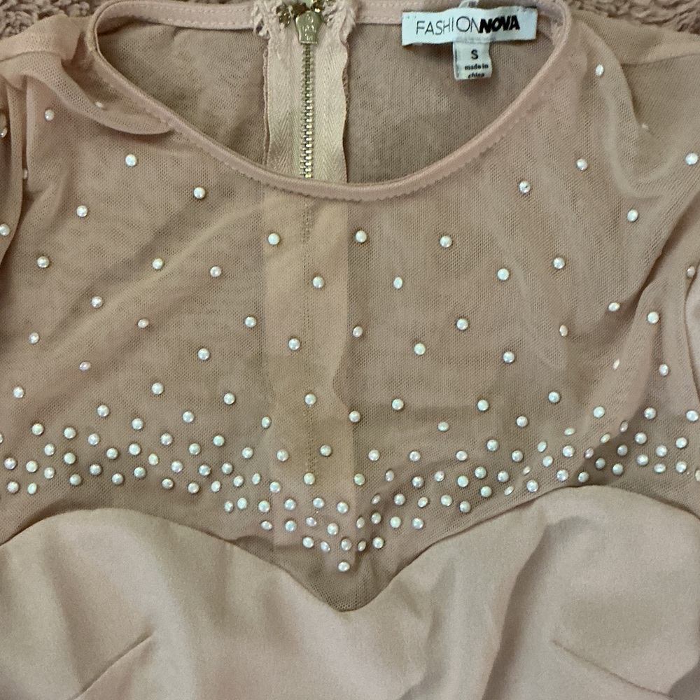 Fashion Nova Nude Sheer Pearl Ruffle Top